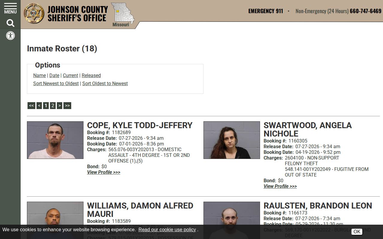 Johnson County Sheriff 48 Hour Release roster with booking-photo entries