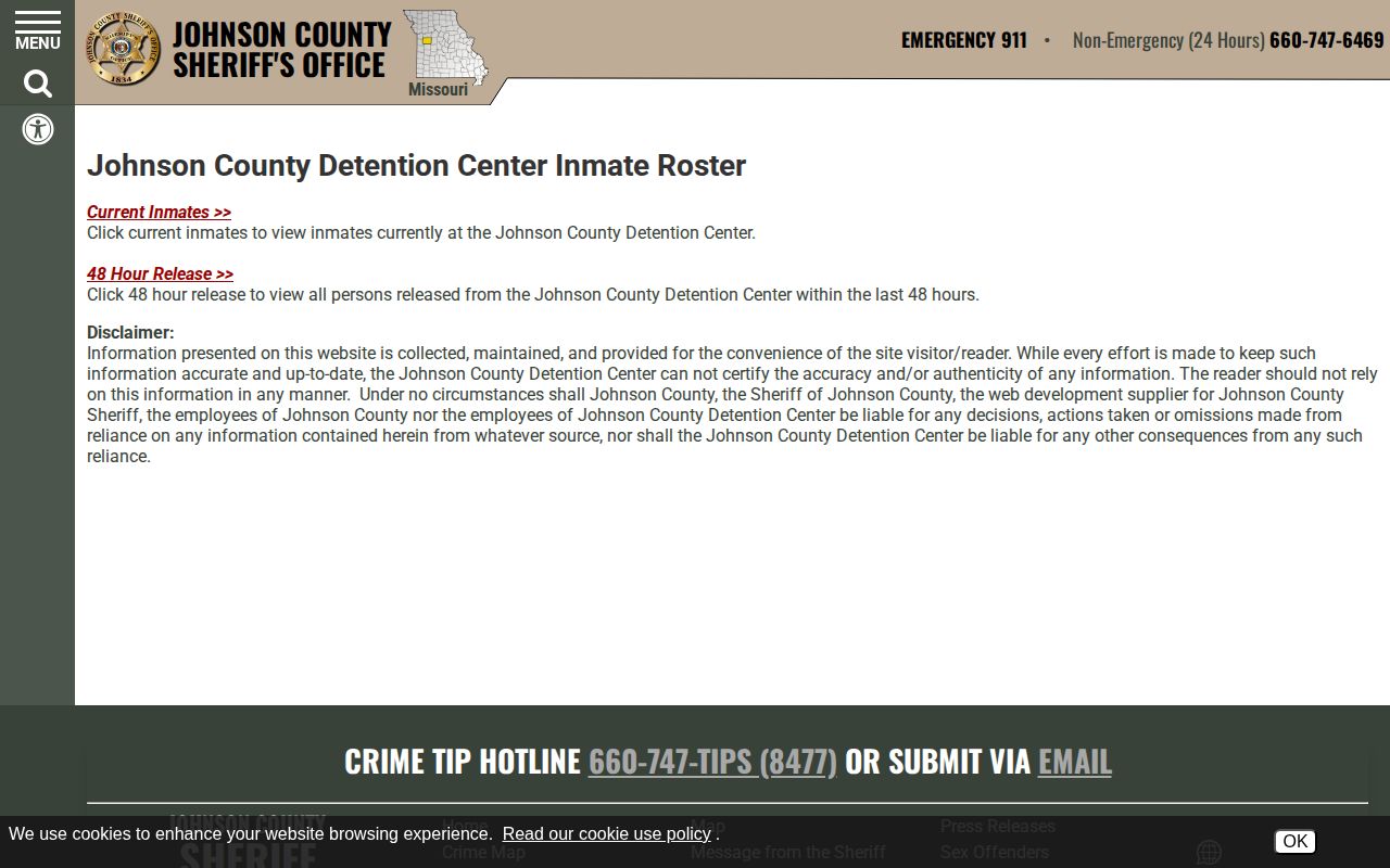Johnson County Sheriff roster chooser with Current Inmates and 48 Hour Release options